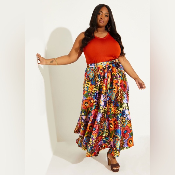 ASHLEY STEWART NWT 2X Floral Print Satin Maxi Skirt • Vibrant Colorful Rainbow - Picture 7 of 10